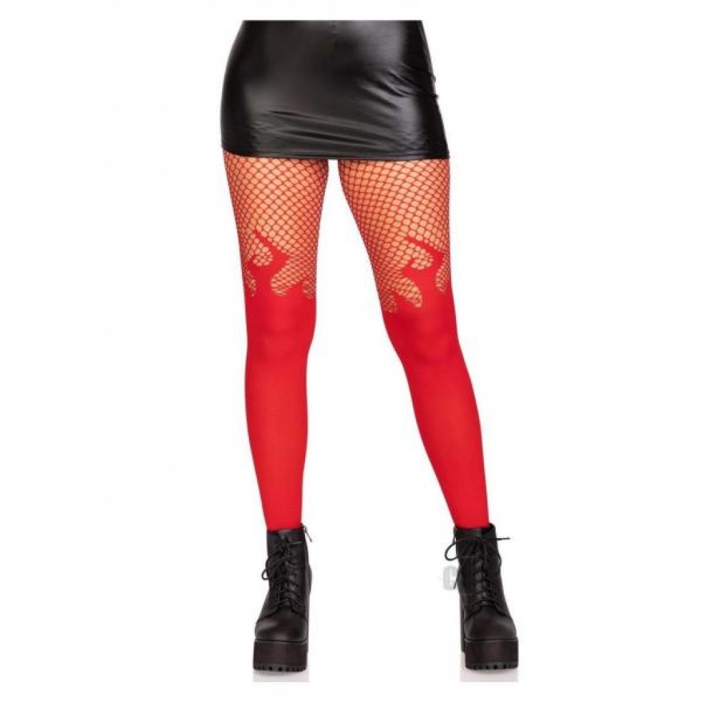 Opaque Flame Tights with Fishnet Top - One Size Red