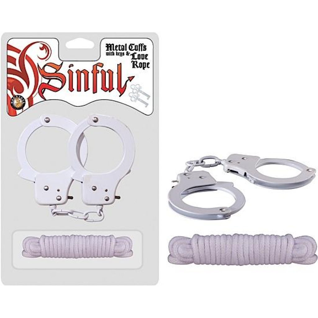 Sinful Metal Cuffs, Keys, Love Rope White - Nasstoys