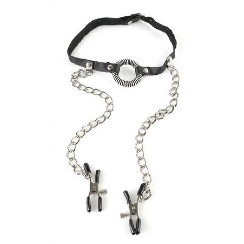 Fetish Fantasy O Ring Gag With Nipple Clamps Black - Pipedream