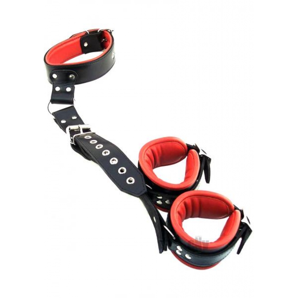 Rouge Leather Neck To Hand Restraint Black Red - Rouge Garments