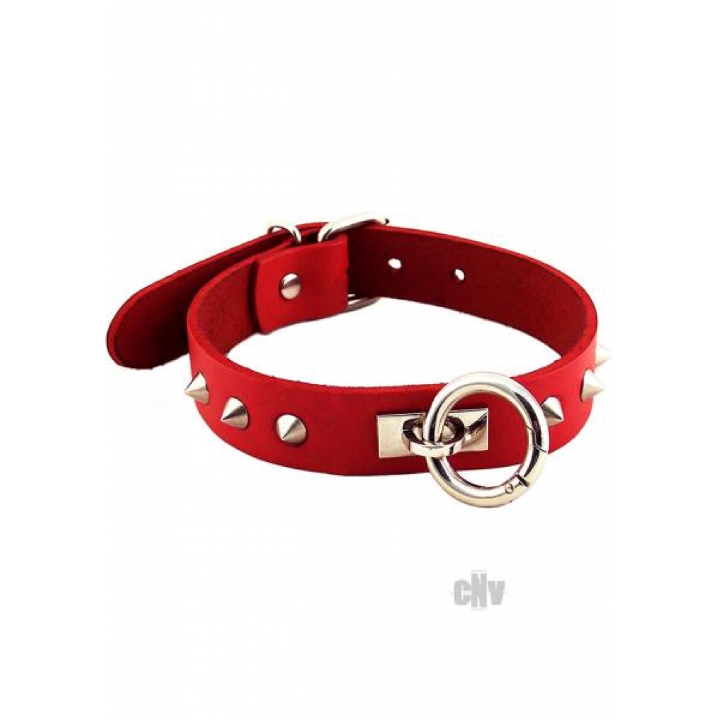 Rouge Leather O Ring Studded Collar Red - Rouge Garments