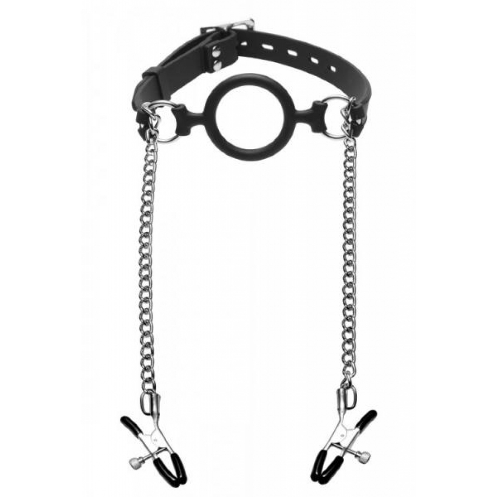 Mutiny Silicone O-Ring Gag With Nipple Clamps Black - Xr Brands