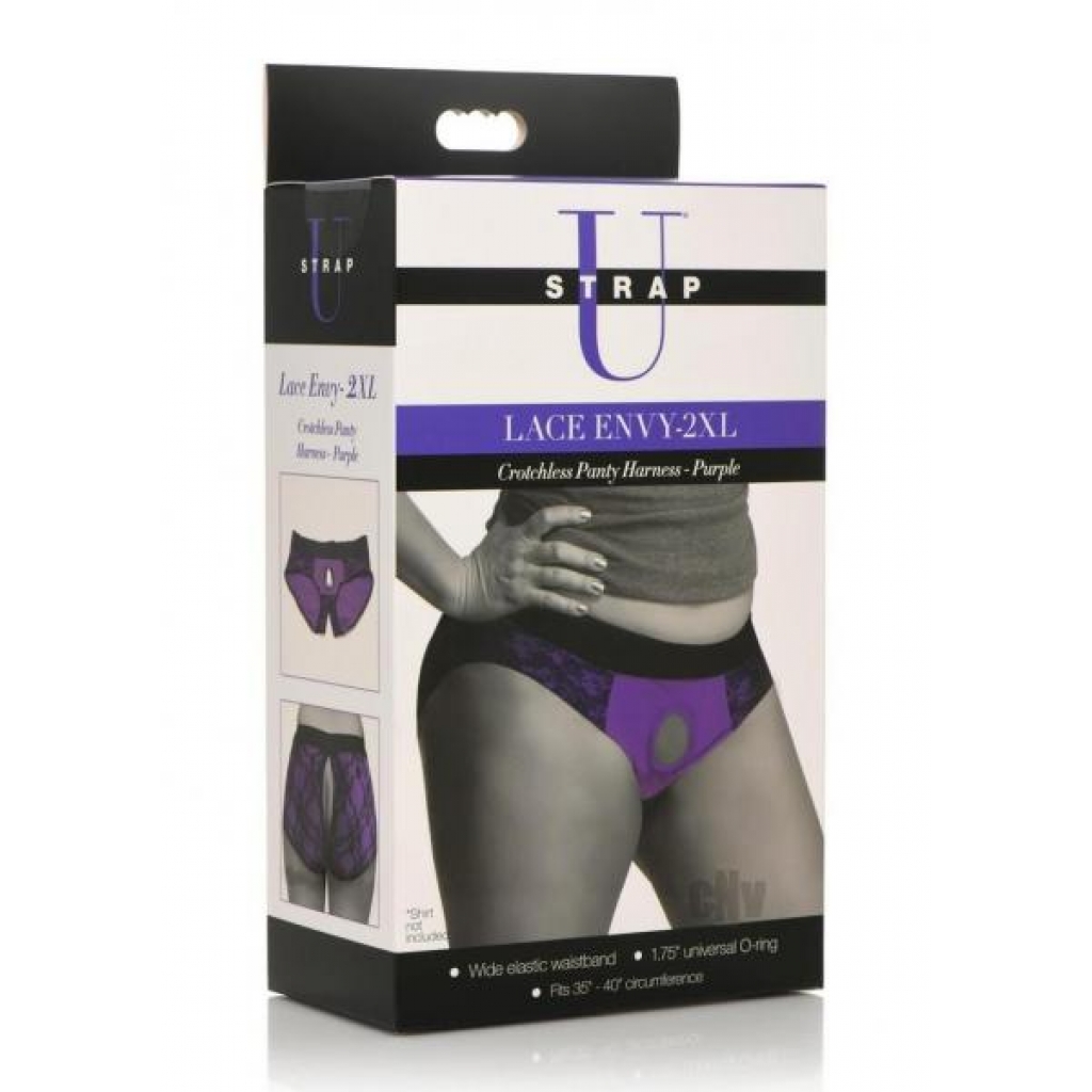 Strap U Lace Envy Crotchless Panty Harness - 2XL Purple