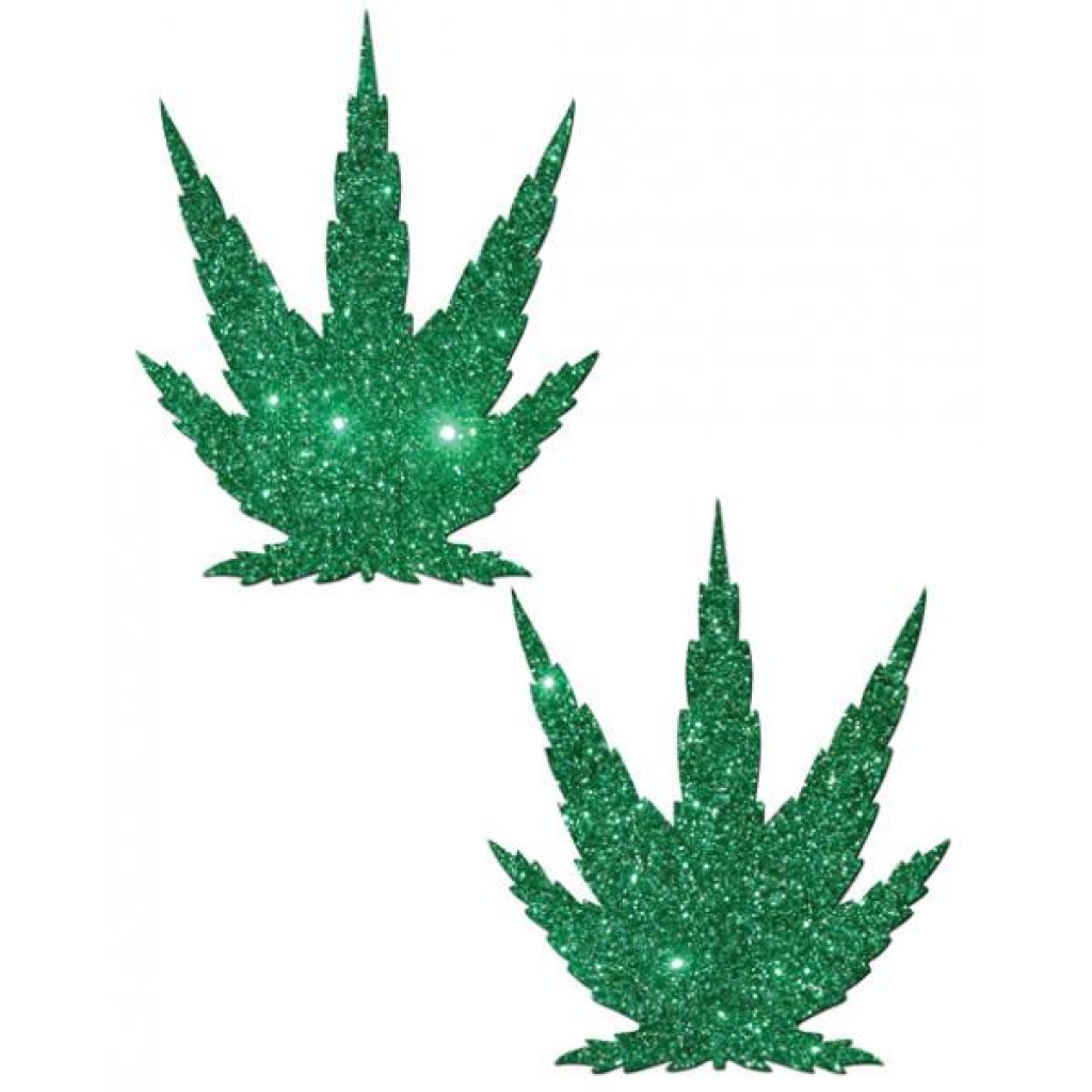 Pastease Green Glitter Marijuana Leaf Nipple Pasties - One Size