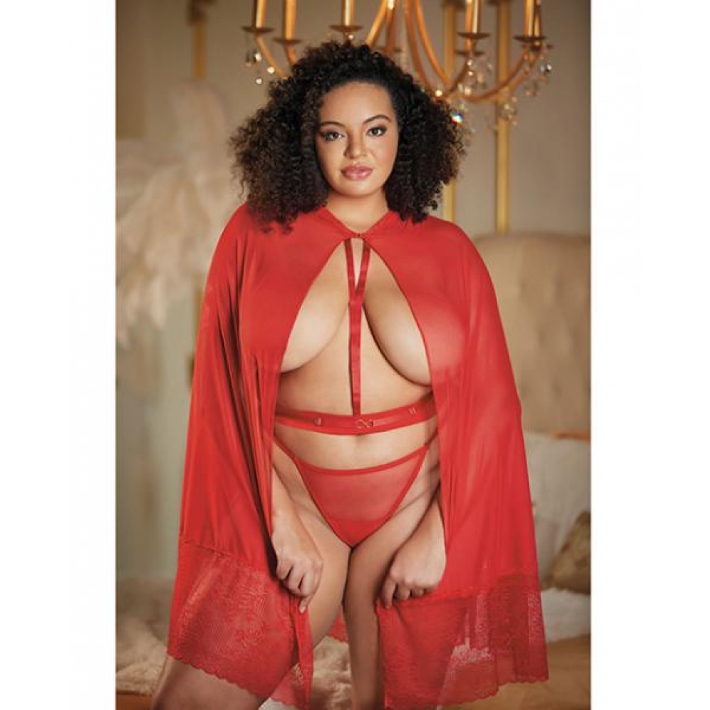 Allure Lace & Mesh Cape W/attached Waist Belt (g-string Not Included) Red Qn - Allure Lingerie Lp