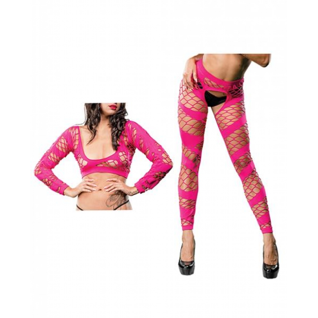 Beverly Hills Naughty Girl Crotchless Mesh & Fishnet Leggings - Pink O/S