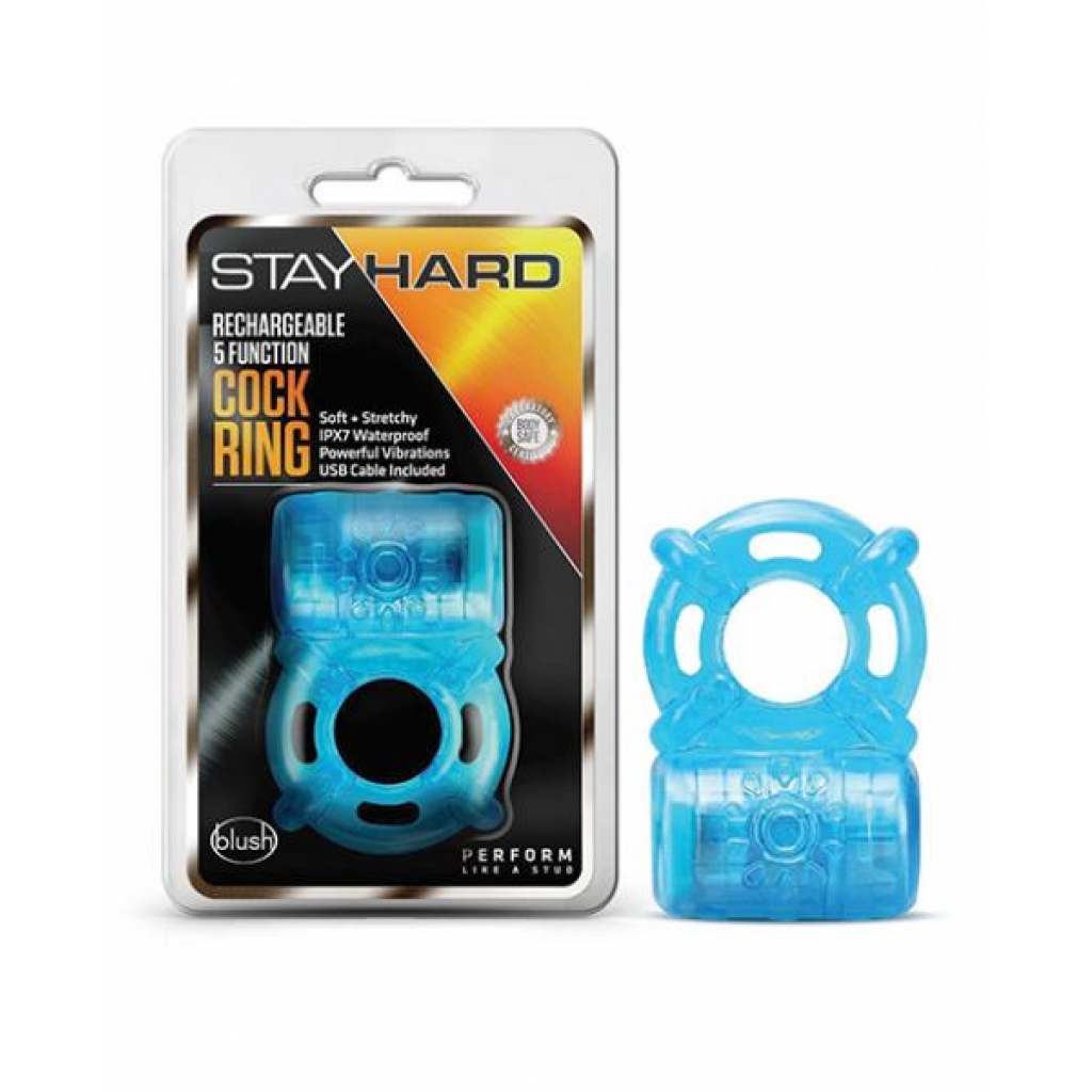 Blush Stay Hard Rechargeable 5 Function Cock Ring- Blue