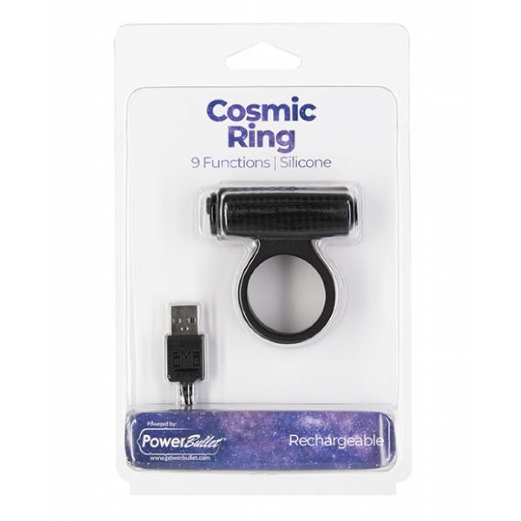 Cosmic Cock Ring with Rechargeable Bullet - 9 Functions in Black