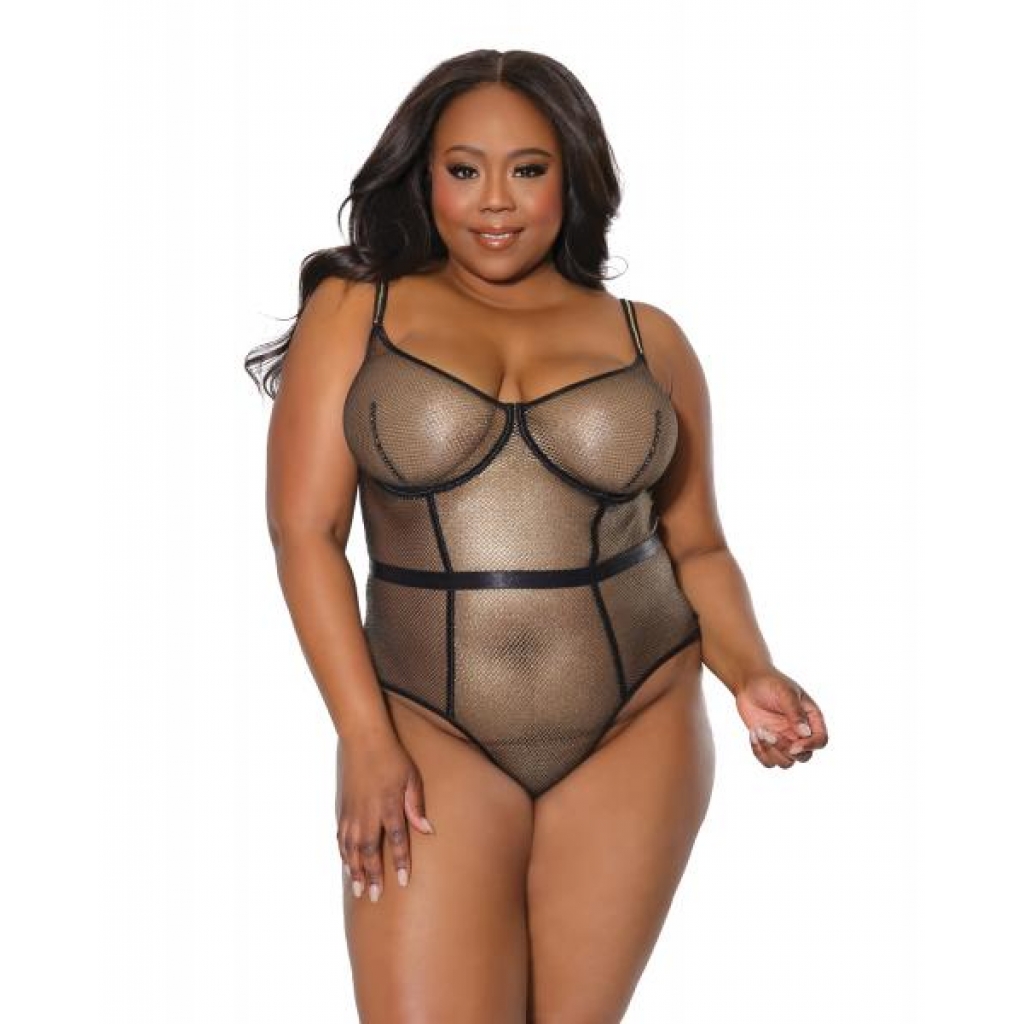 Holiday Metallic Fishnet Teddy With Underwire Cups - Black/Gold