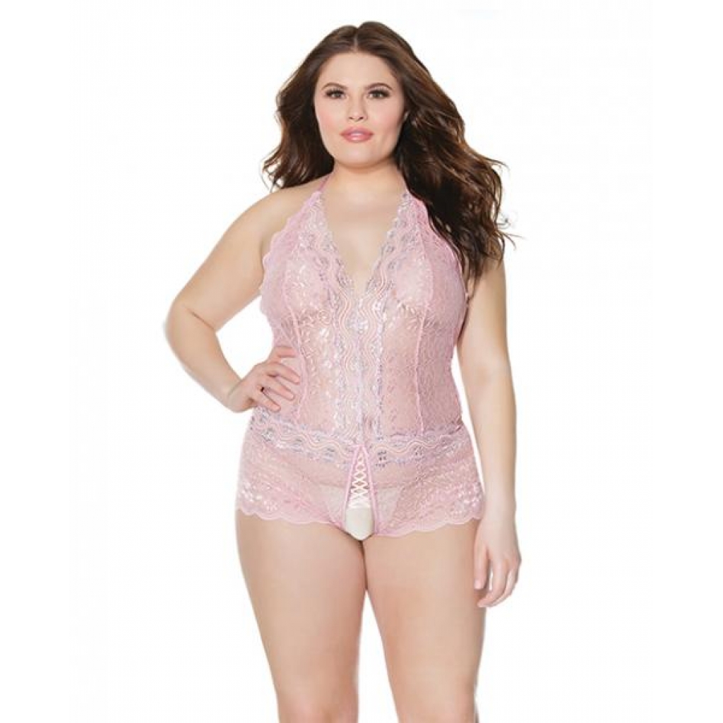 Crystal Pink Halter Crotchless Teddy - Plus Size