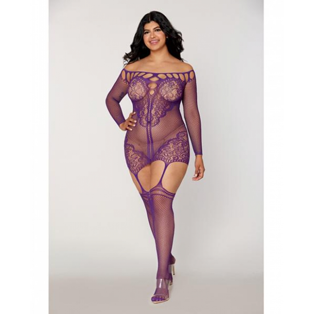 Scalloped Lace And Fishnet Garter Dress W/attached Stockings - Purple - Queen