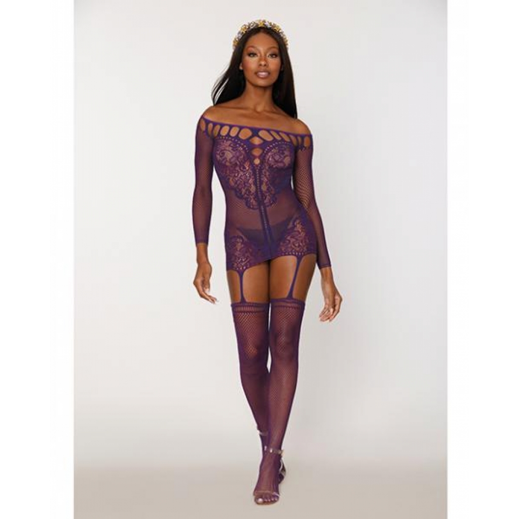 Scalloped Lace and Fishnet Garter Dress with Attached Stockings - Purple