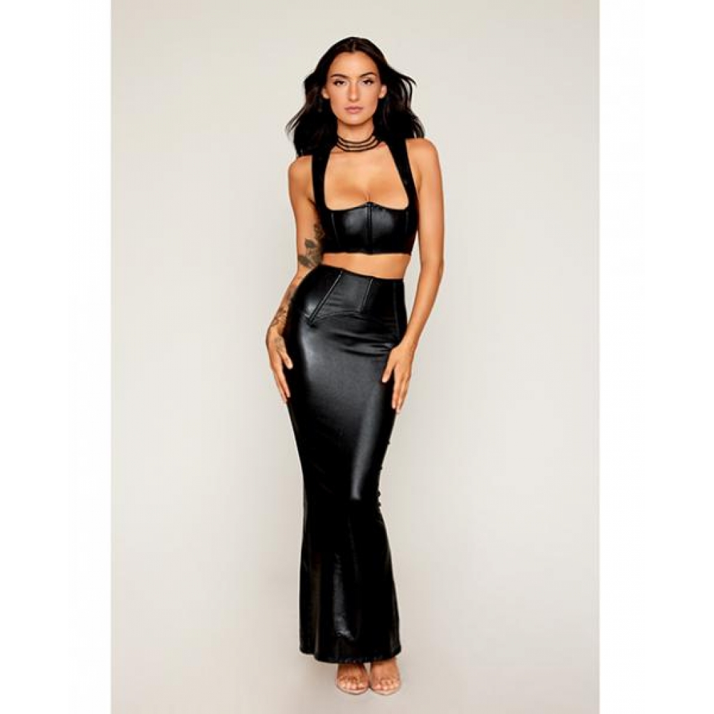 Stretch Faux Leather Harness Bra and Long Slip Skirt in Black