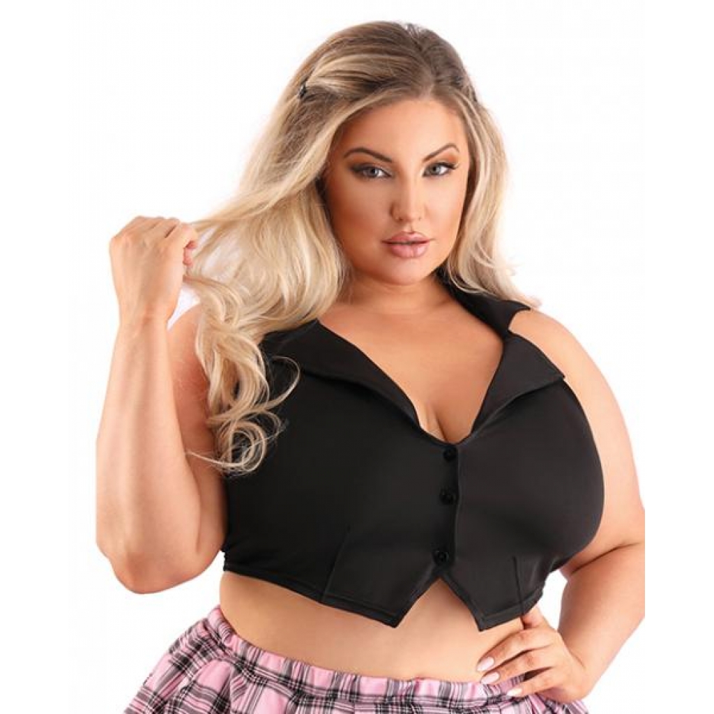 Playful Schoolgirl Collared Button Down Halter Top: Black Queen