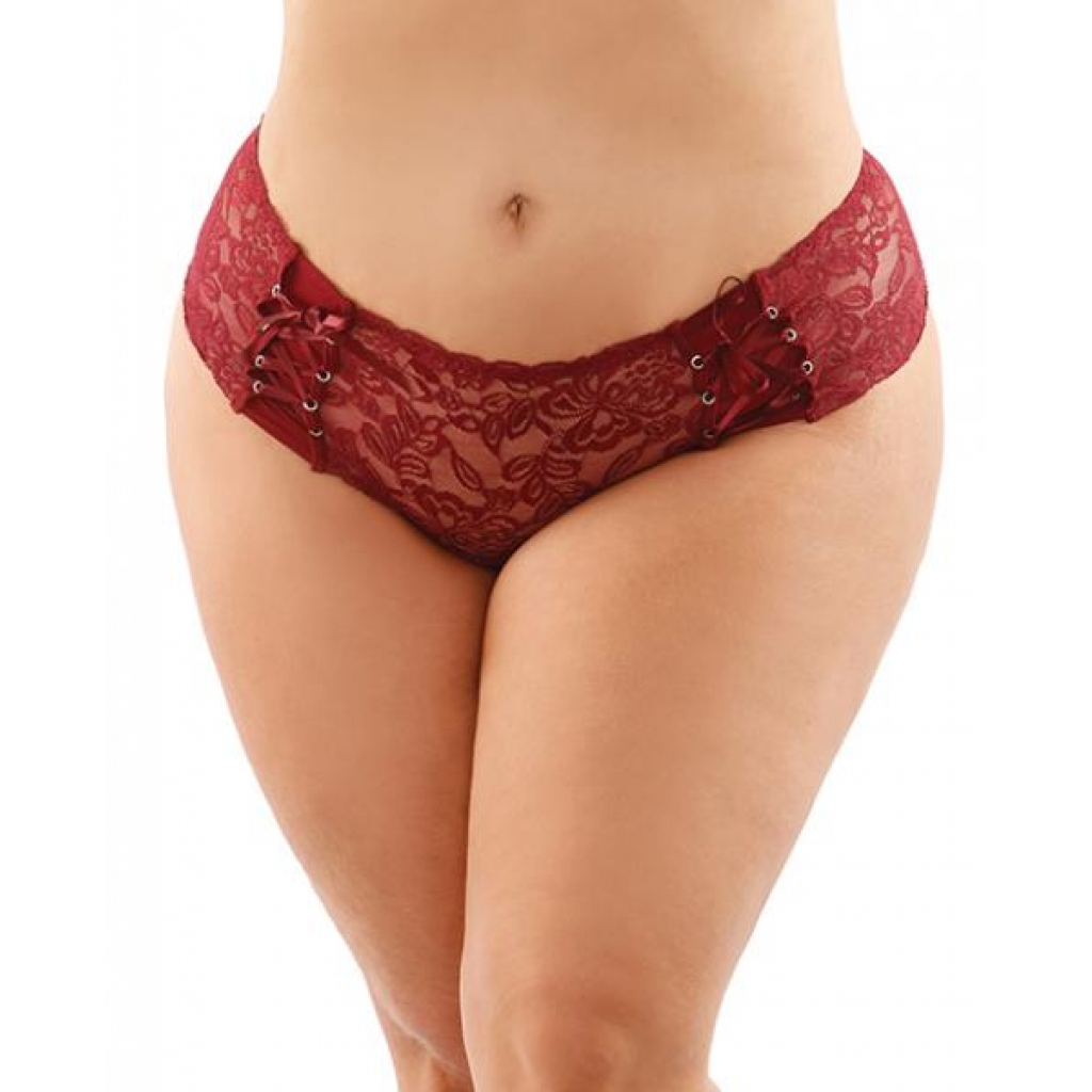 Bottoms Up Magnolia Stretch Lace Crotchless Panty W/ribbon Lace Up Front Garnet Qn - Fantasy Lingerie