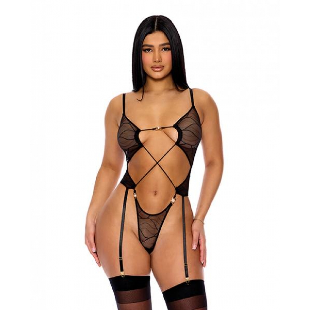 Pull My Strings Sheer Mesh Teddy with Garters - Black MD