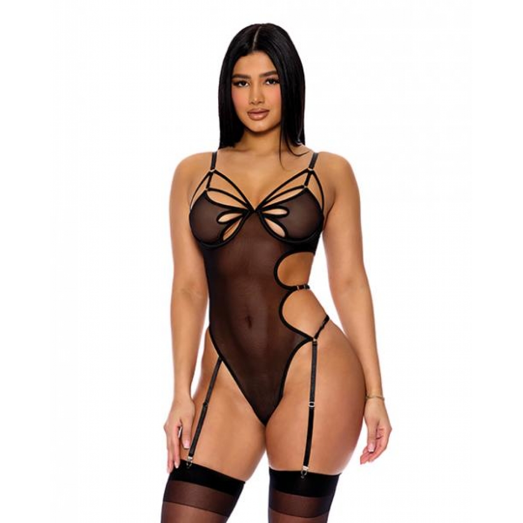 Feeling Butterflies Mesh Teddy with Garters - Black