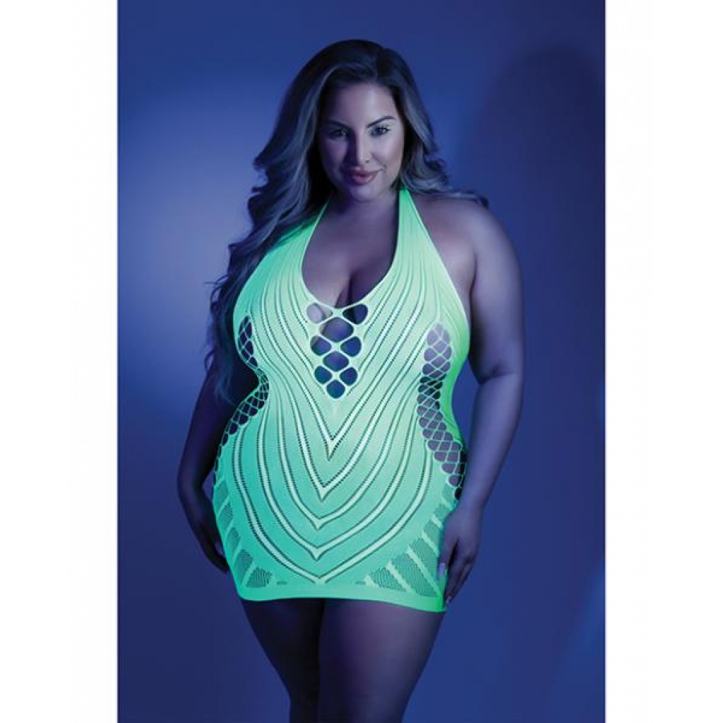 Glow Black Light Net Halter Dress in Neon Green