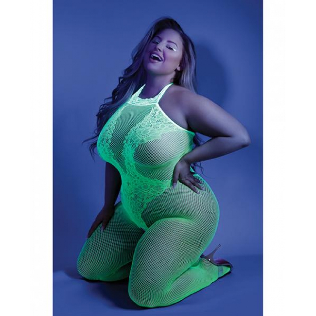 Glow Black Light Crotchless Bodystocking - Neon Green Queen