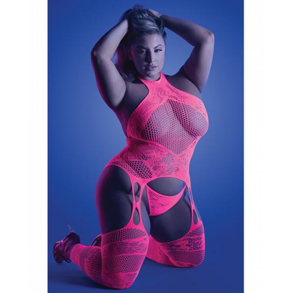 Glow Captivating Halter Bodystocking & G-string - Neon Pink