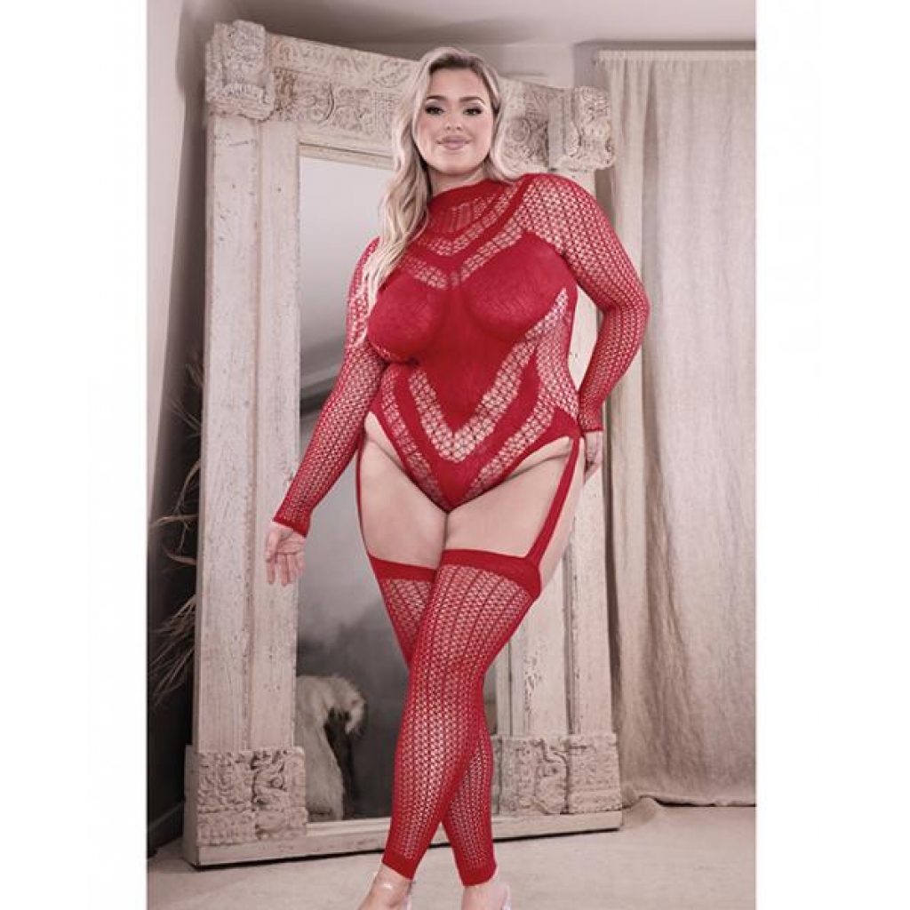 Sheer Infatuation Long Sleeve Teddy W/attached Footless Stockings Red Qn