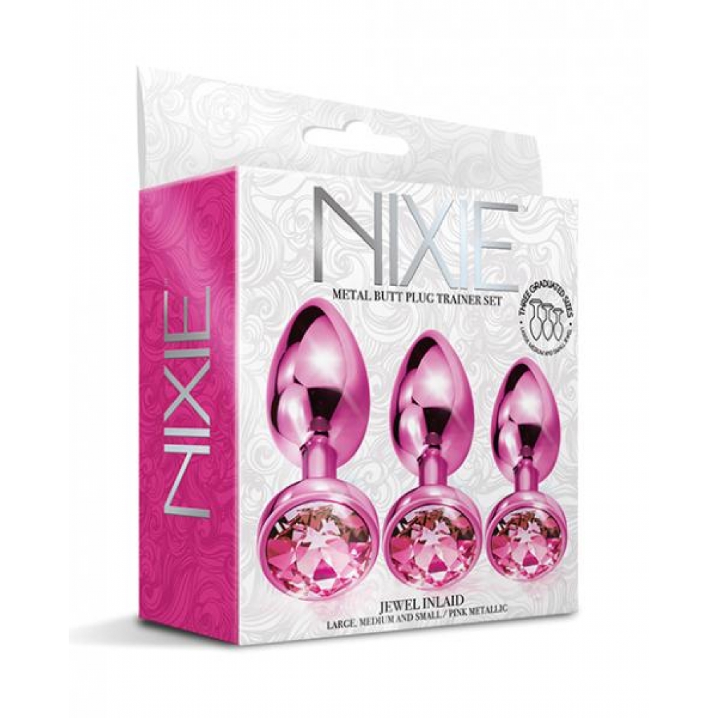 Nixie Metal Butt Plug Trainer Set W/Inlaid Jewel - Pink Metallic