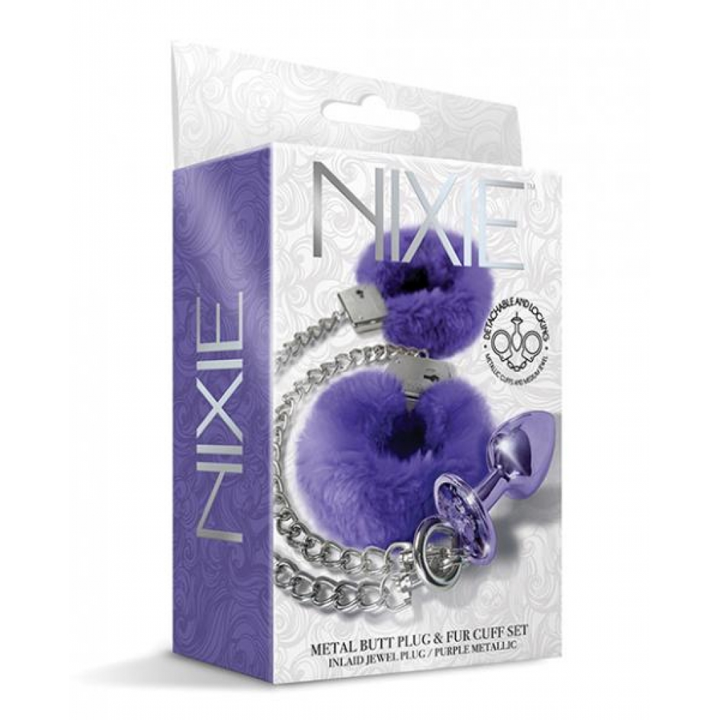 Nixie Metal Butt Plug with Jewel & Fur Cuff Set - Purple Metallic