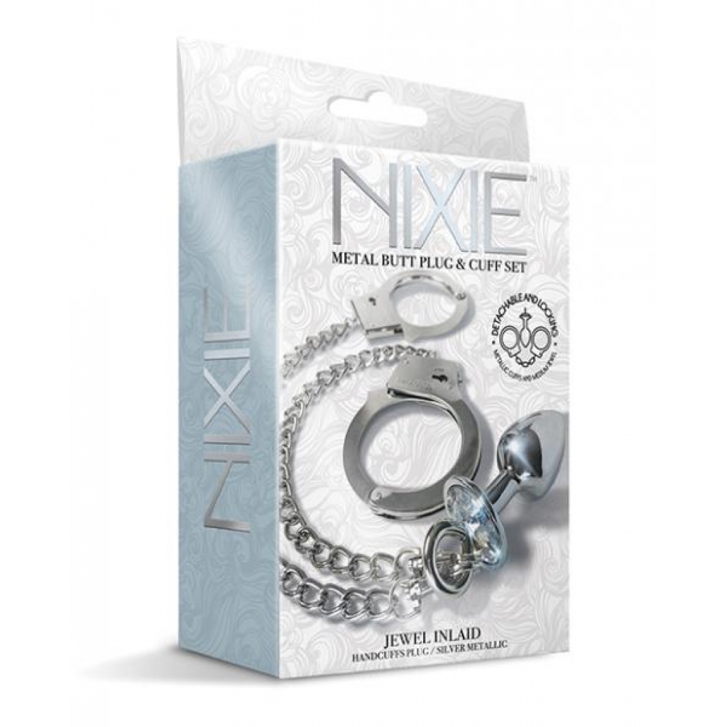 Nixie Metal Butt Plug with Inlaid Jewel & Cuff Set - Silver Metallic