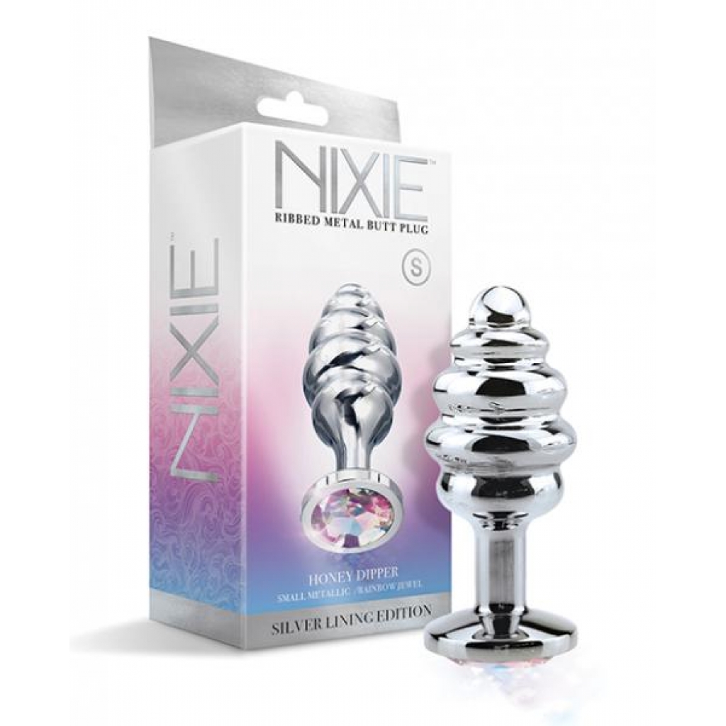 Nixie Honey Dipper Ribbed Metal Rainbow Jeweled Butt Plug - Small