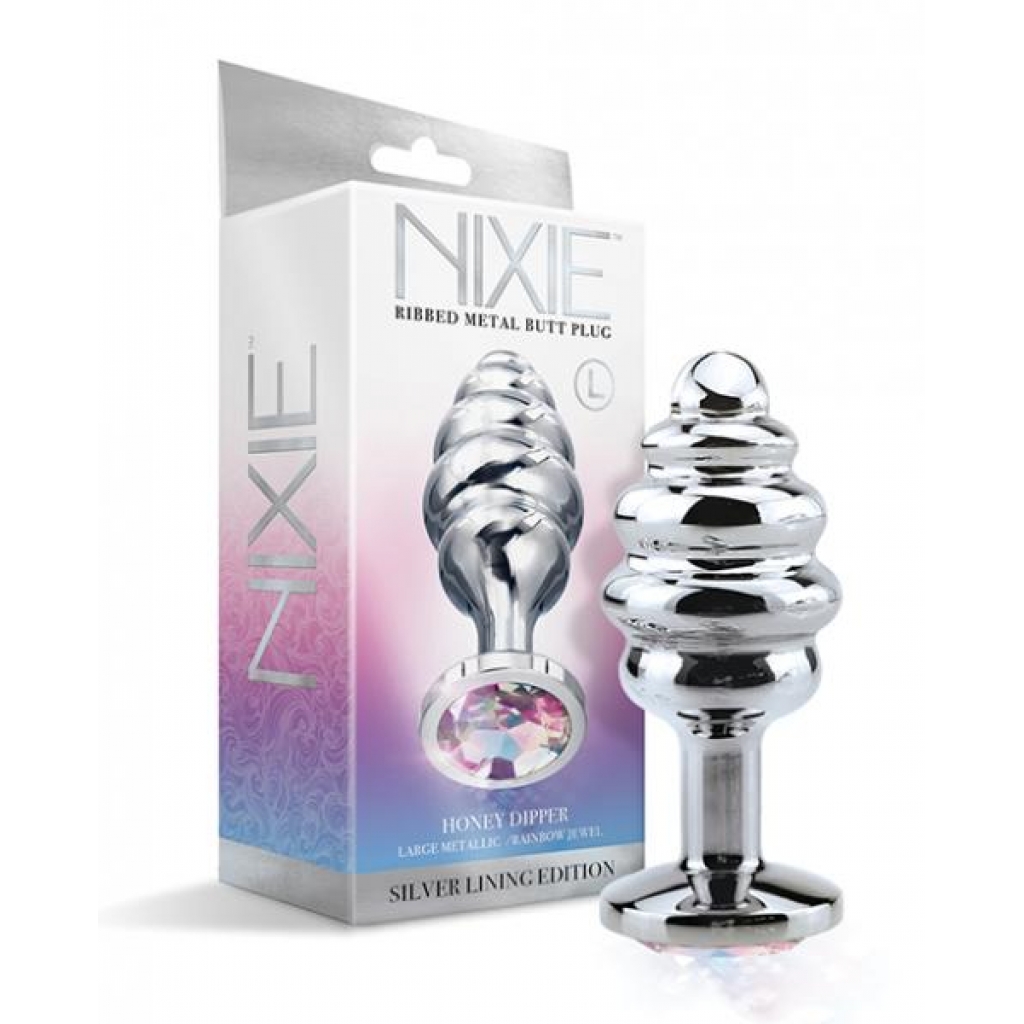 Nixie Honey Dipper Ribbed Metal Rainbow Jeweled Butt Plug - Large