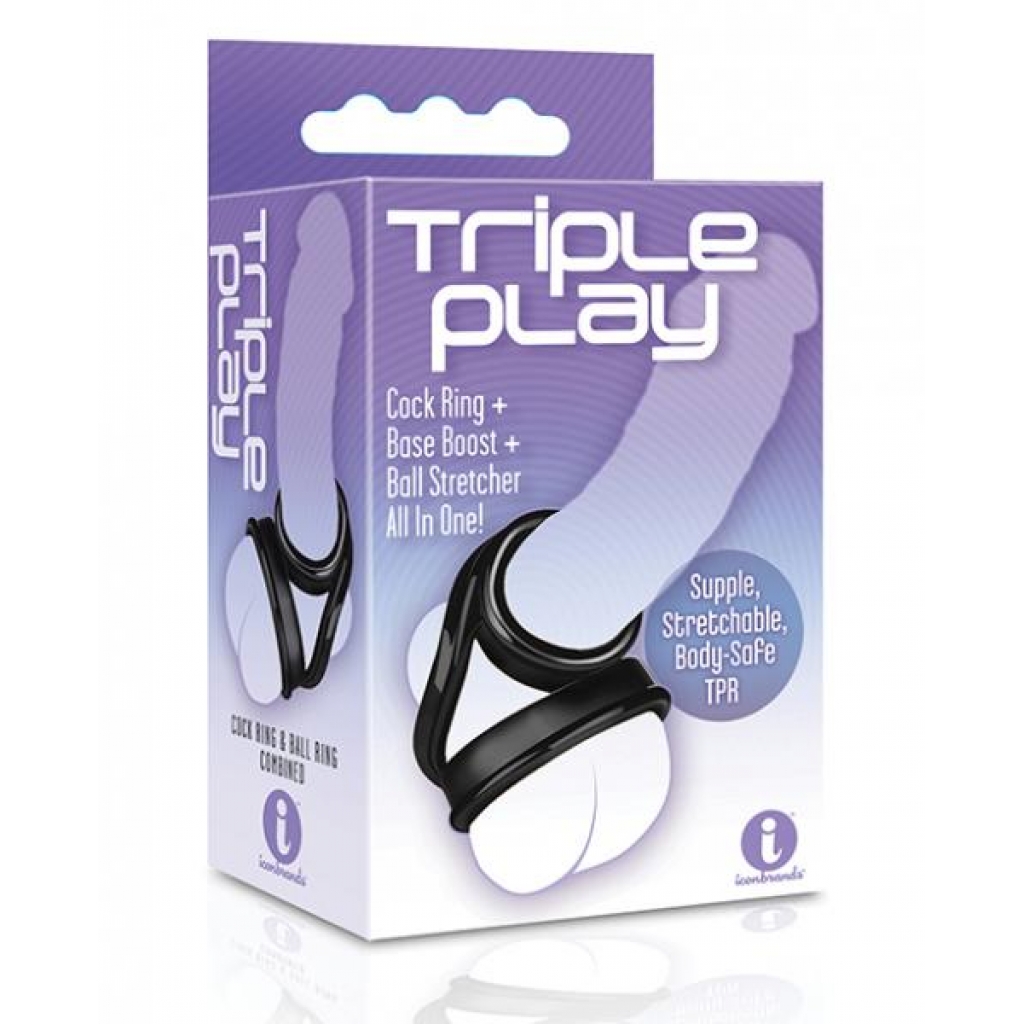 Triple Play Cock Ring with Base Boost and Ball Stretcher - Black