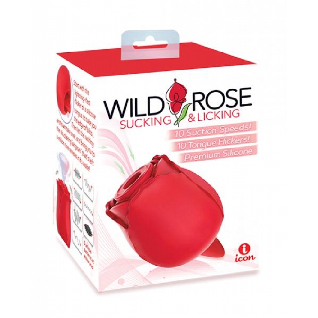 Wild Rose Rechargeable Silicone Suction & Tongue Vibrator - Red