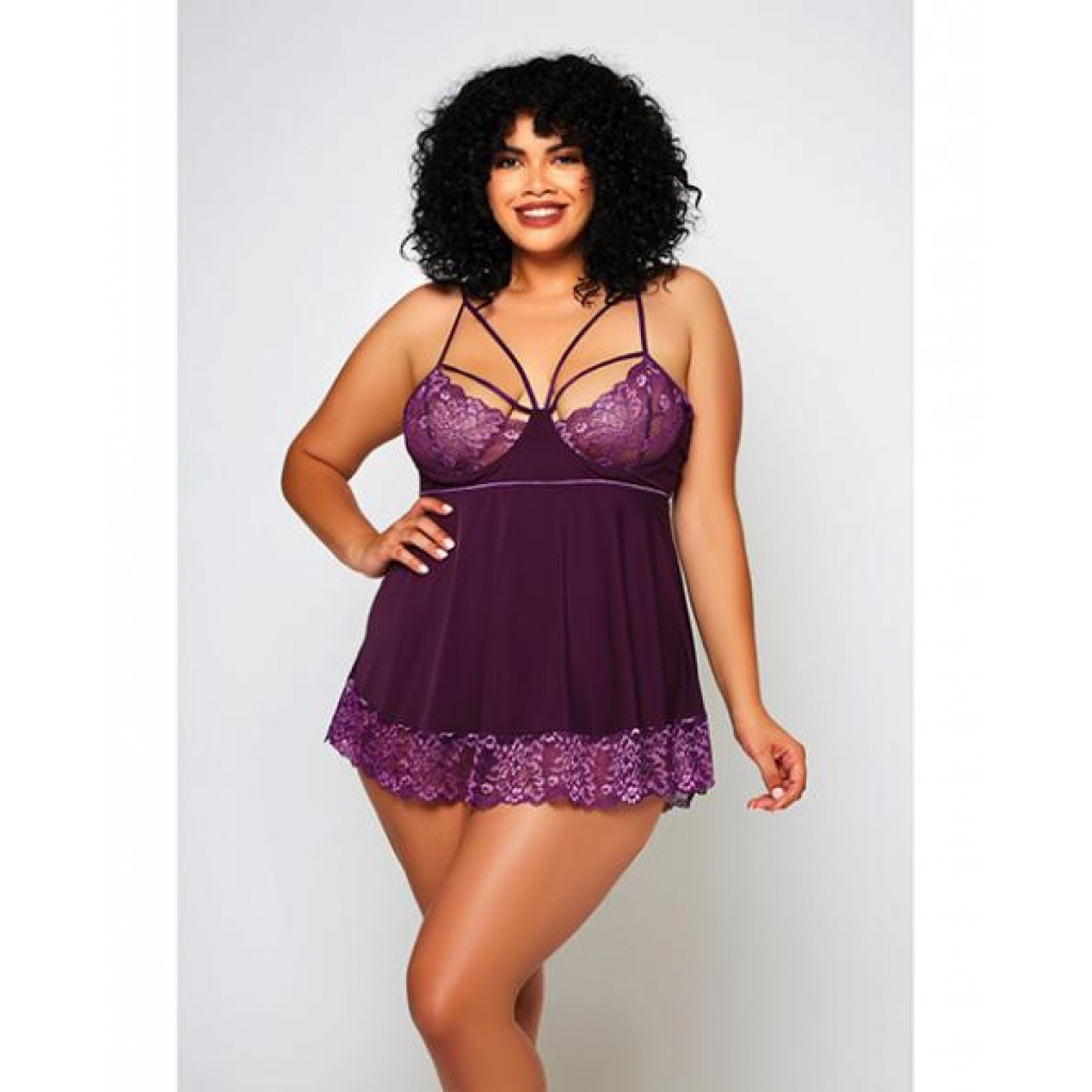 Cross Dye Lace & Microfiber Babydoll & G-string - Purple 3X