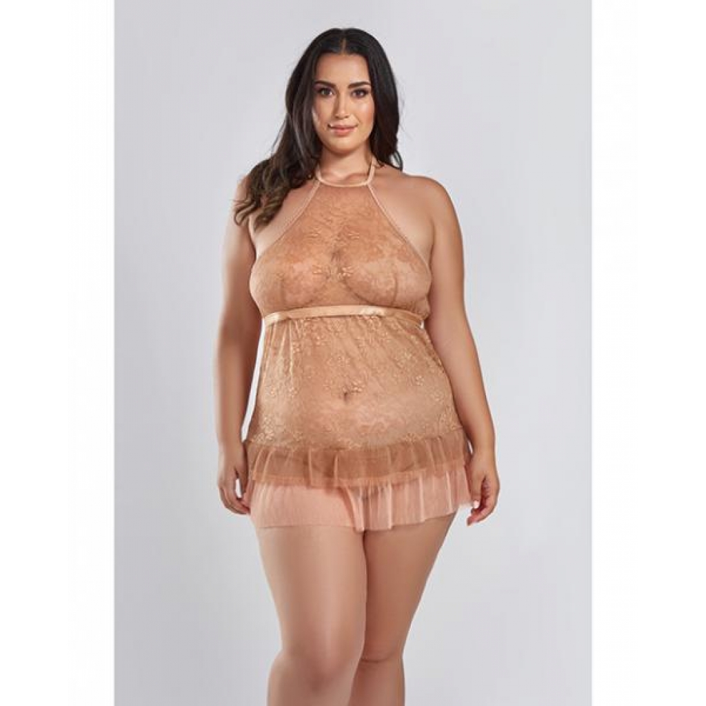 Amber Halter Lace Babydoll W/tiered Pleated Mesh Skirt Hem & G-string Brown 1x - Icollection Lingerie