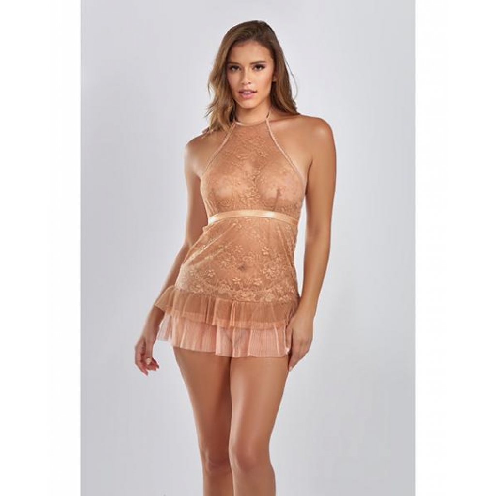 Amber Halter Lace Babydoll W/tiered Pleated Mesh Skirt Hem & G-string Brown Lg - Icollection Lingerie