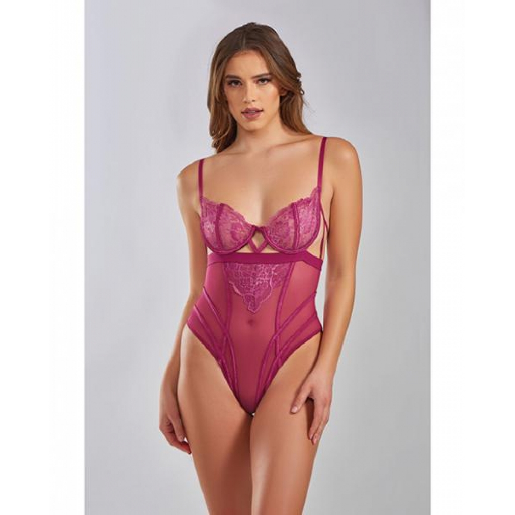 Quinn Cross Dyed Galloon Lace & Mesh Teddy in Wine - Small