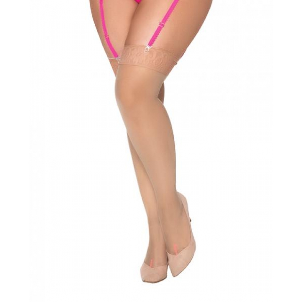 Mesh Thigh High Stockings with Hot Pink Back Seam - Nude