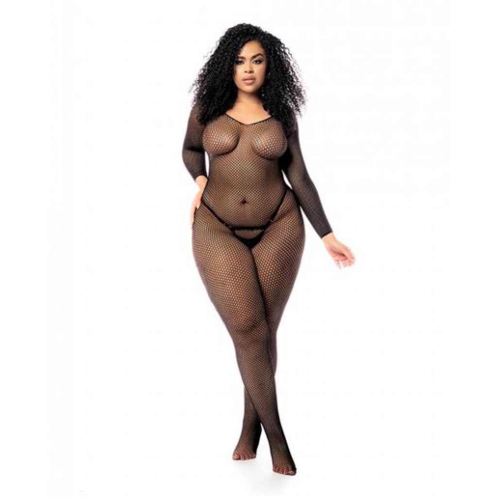 Long Sleeved All Over Fishnet Body Stocking - Black Queen