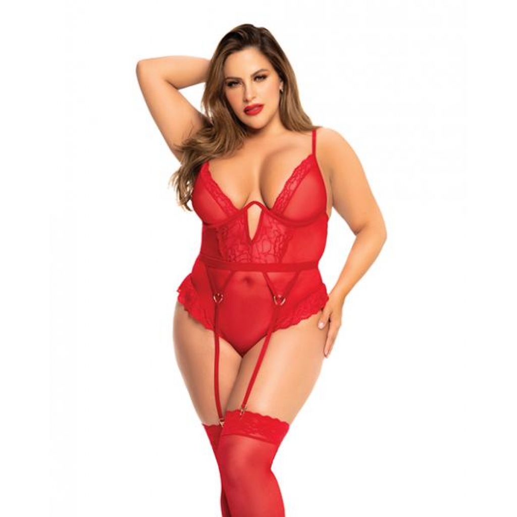 Romantic Heart Lace Underwire Bodysuit - Red 1X/2X