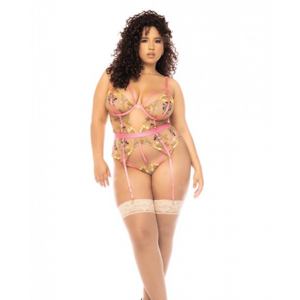 Floral Embroidered Teddy with Underwire Cups & Garters - Pink 1X/2X