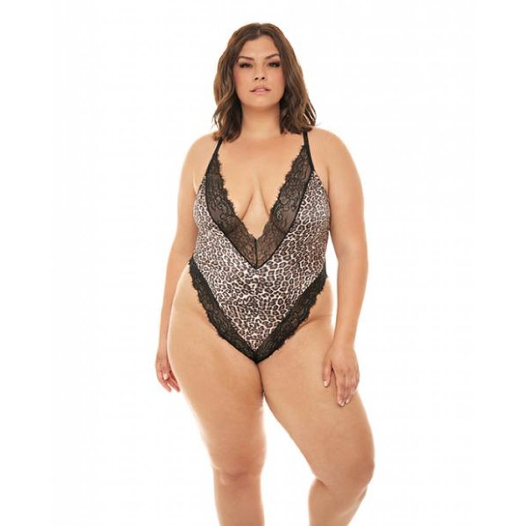 Jolene Satin Teddy with Plunging Neckline - Leopard/Black 3X/4X