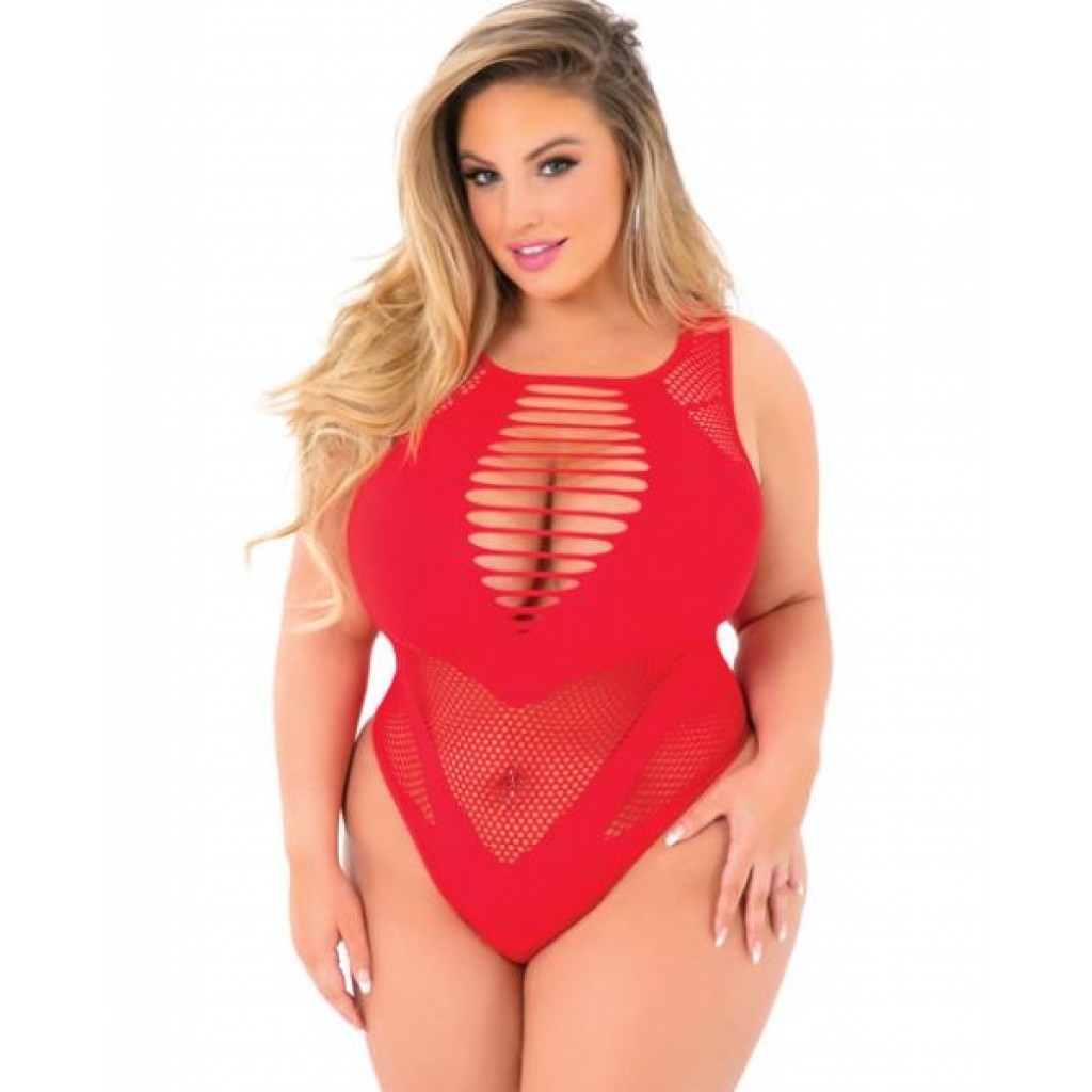 Pink Lipstick Low Blow Cut Out Bodysuit - Red - Qn