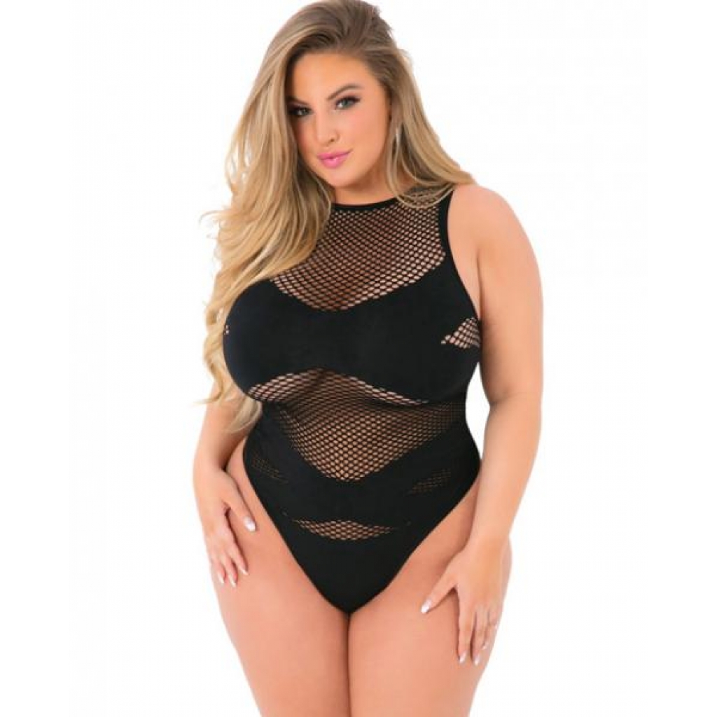 Pink Lipstick Criss Cross Fishnet Bodysuit Black Qn