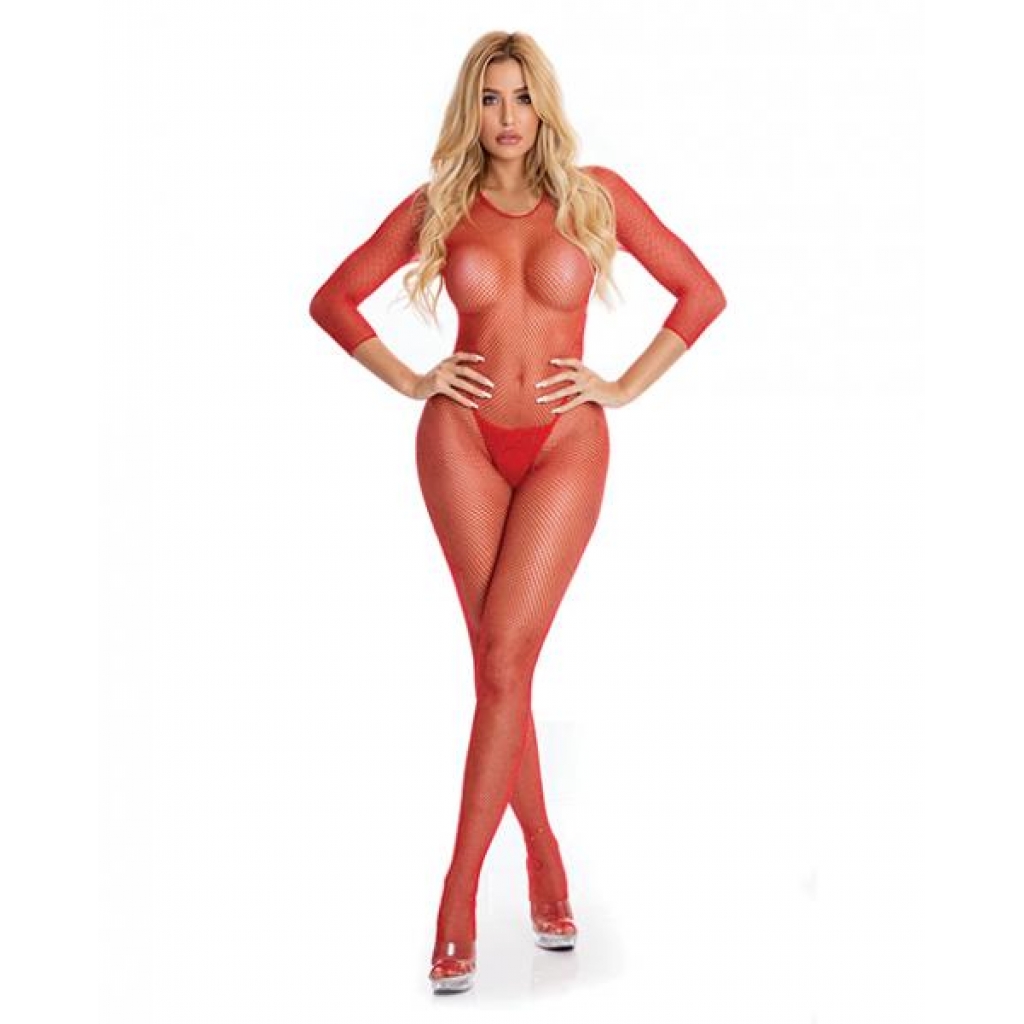 Pink Lipstick Risque Crotchless Bodystocking - Red S/M