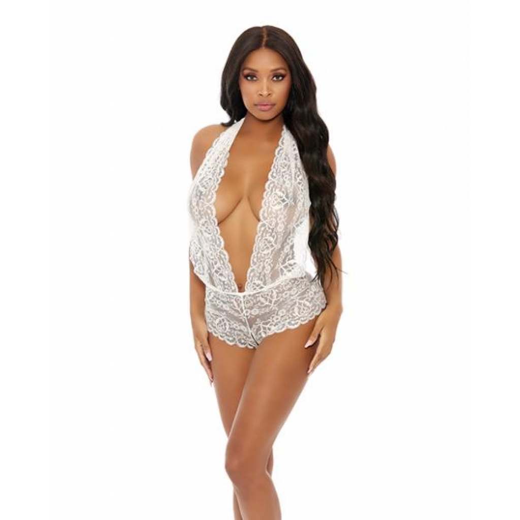 Sheer Lace Deep V Halter Bodysuit with Open Crotch - White - XL