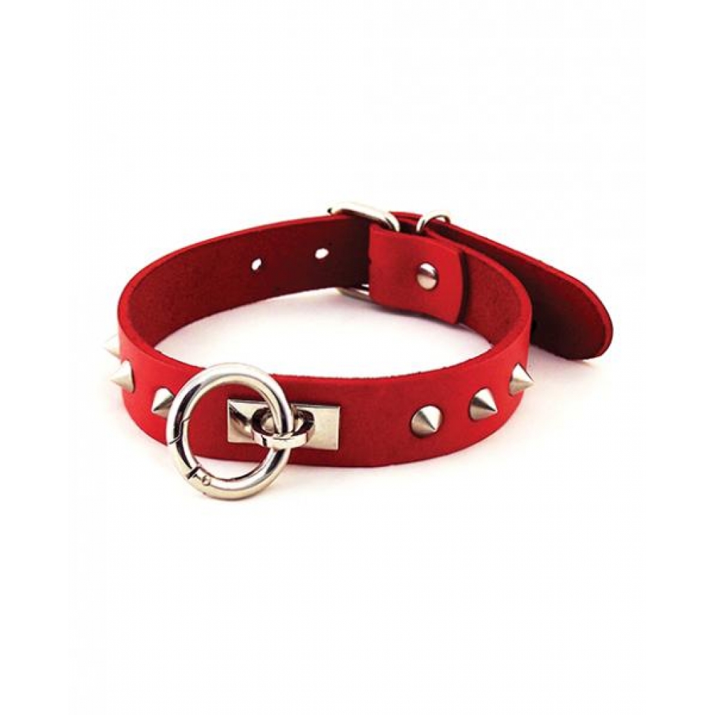 Rouge Leather O Ring Studded Collar - Red