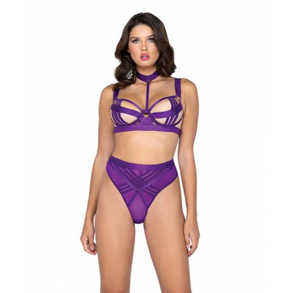 Bondage Stripe Demi Cup Underwire Bra & Panty Set - Purple - Large