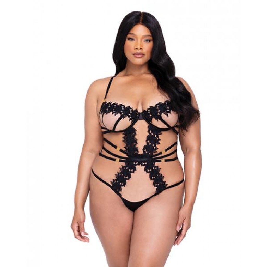 Ebony Rose Floral Guipure Lace Trim Teddy - Black 2X