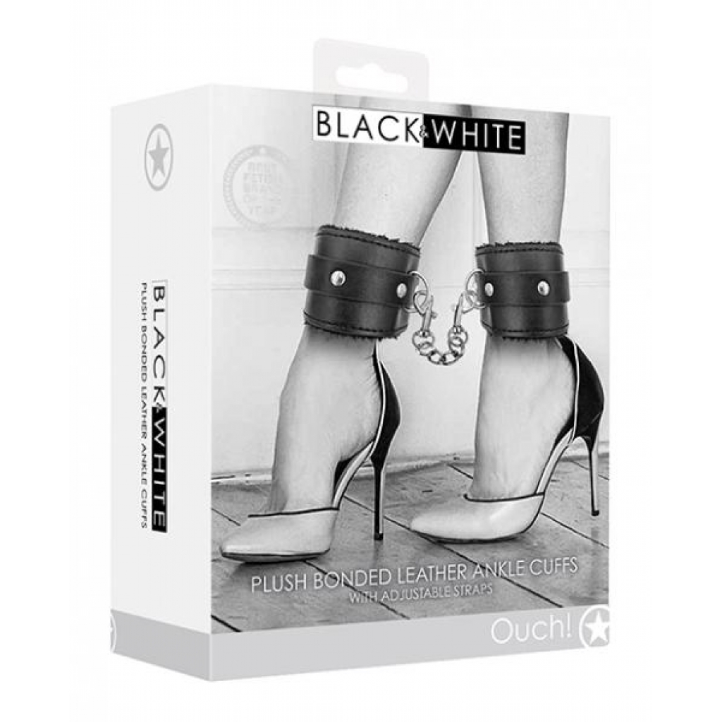 Shots Ouch Black & White Plush Bonded Leather Ankle Cuffs - Black