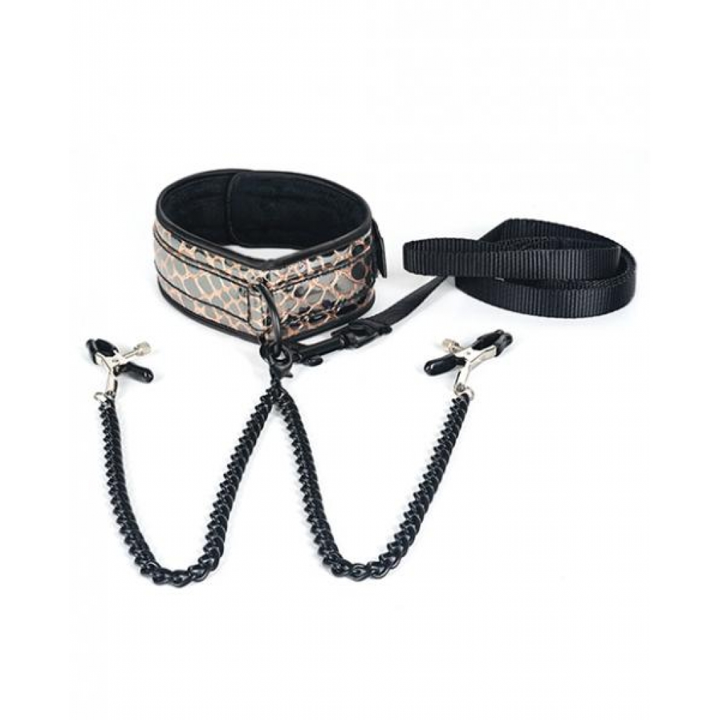 Spartacus Faux Leather Collar & Leash with Gold Nipple Clamps